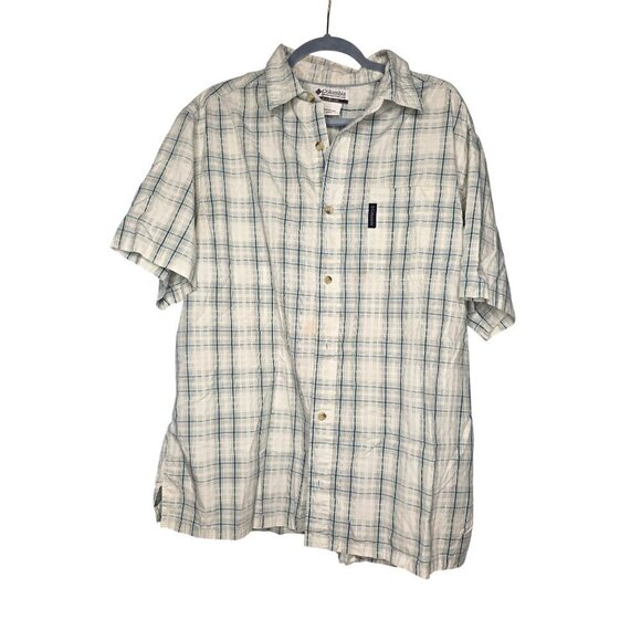 Columbia Mens XL White Blue Cotton Short Sleeve Button Fishing Hiking Shirt - Picture 2 of 16